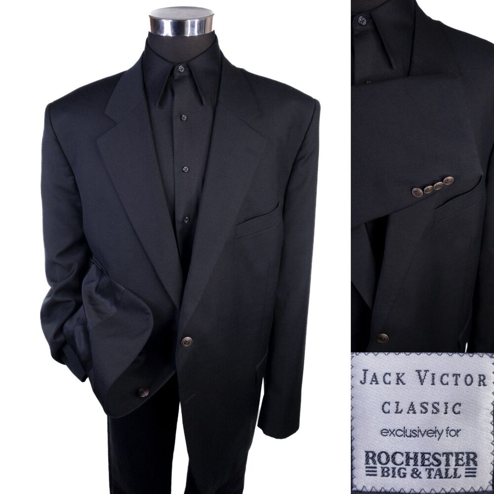 Jack Victor Blazer Sport Coat Sz 48XL Solid Black Wool Silver Two Button Jacket
